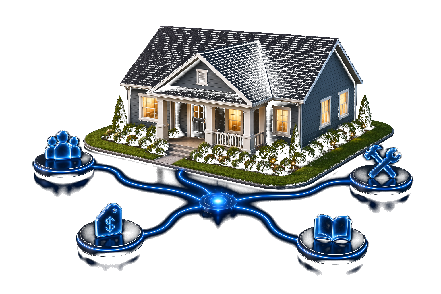 Illustrated home with glowing blue paths connecting to matching, repair, value, and guidance insights